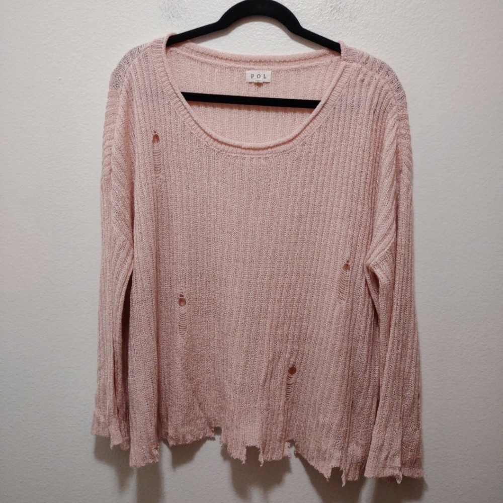 POL Blush Pink Distressed Lightweight Sweater Large